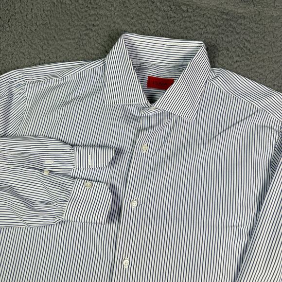 ISAIA Napoli Dress Shirt Mens 18-45 Blue White Striped Button Up Italy Made - Picture 1 of 9